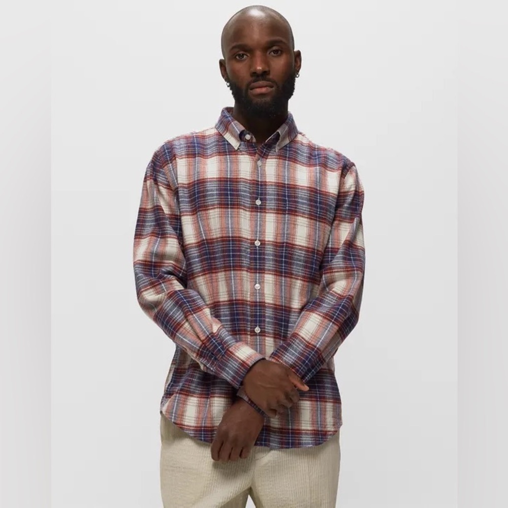 Portuguese Flannel Red Blue Cream Plaid Shirt Men’s Large 100% Cotton